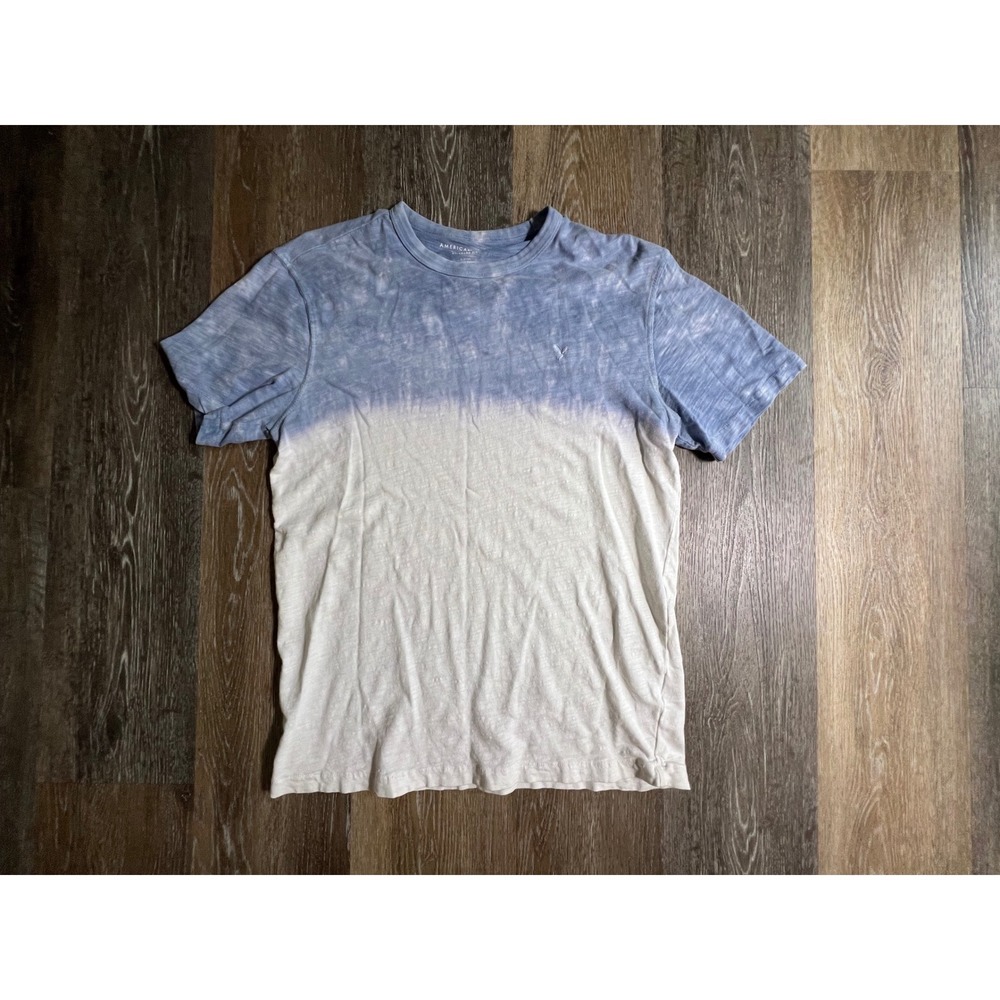 American‎ Eagle T-Shirt Mens Small Blue White Dip Dye Ombre Super Soft Slub Knit